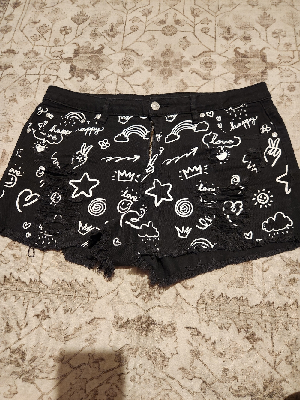 Almost Famous Black Jean Shorts with White Doodle Print
